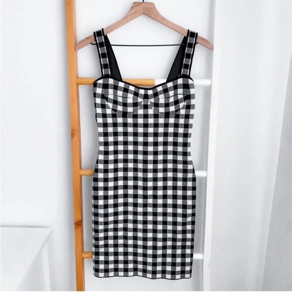 Ronny Kobo Midori Gingham Bodycon Mini Dress White Gray Checker Checked S - Picture 2 of 12